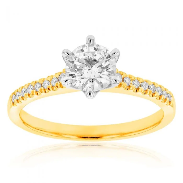 Hex stone rings-18ct Yellow Gold 3/4 Carat Diamond Solitaire Ring with 0.70 Carat Centre Diamond and 16 Shoulder Diamonds