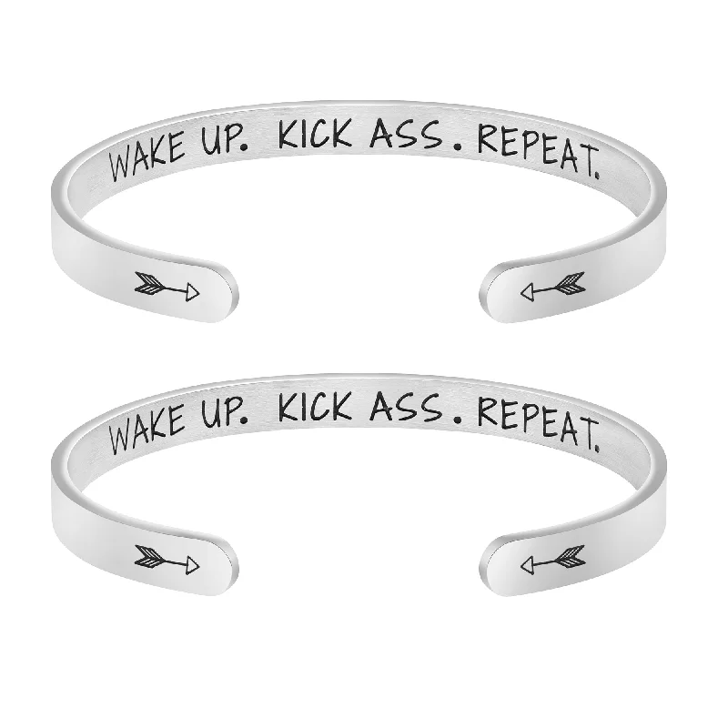 Aquamarine bead bracelets-Wake up kick ass repeat Set of 2 Bracelet