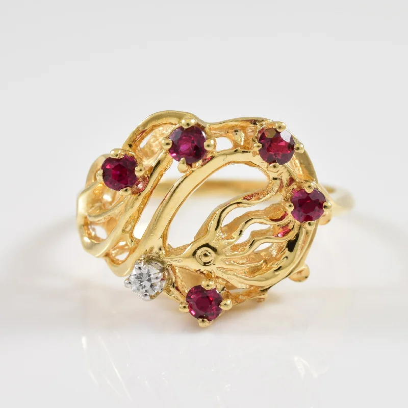 Beryl gem rings-Abstract Ruby & Diamond Cocktail Ring | 0.25ctw, 0.03ct | SZ 7 |