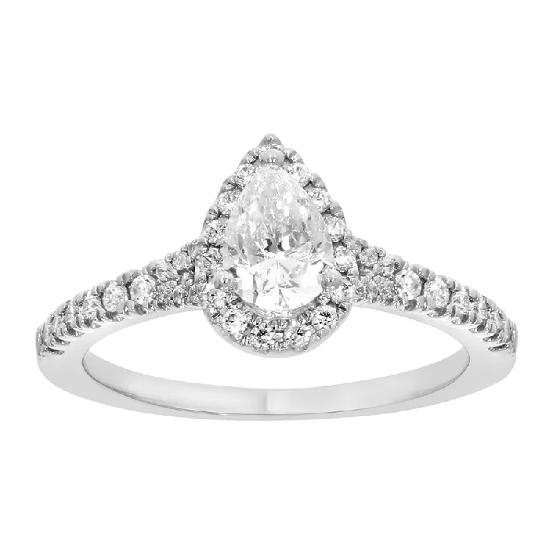 Clear star rings-9ct White Gold 1 Carat Pear Cut Diamond Solitaire Ring with Brilliant Halo and Sides