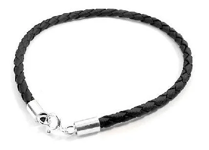 Oval design bangles-Sterling Silver Black Braided Synthetic Leather Bracelet - 7.5"